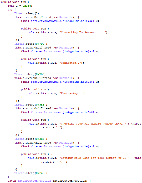 Figure 4. The malicious app's source code shows no real connections or processing takes place while spinner is loading, and a sleep timer gives a false impression of progress
