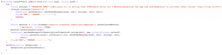 Figure 6. Source code shows app attempting to secretly send out SMS messages without user's consent
