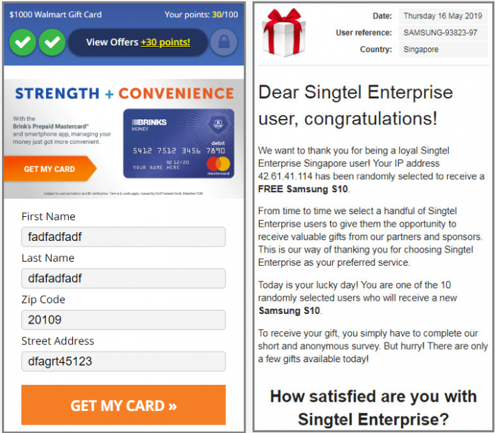 Figure 5. Sample Fakeyouwon websites returned from a device connected to a U.S. IP address (left) and a Singapore IP address (right)