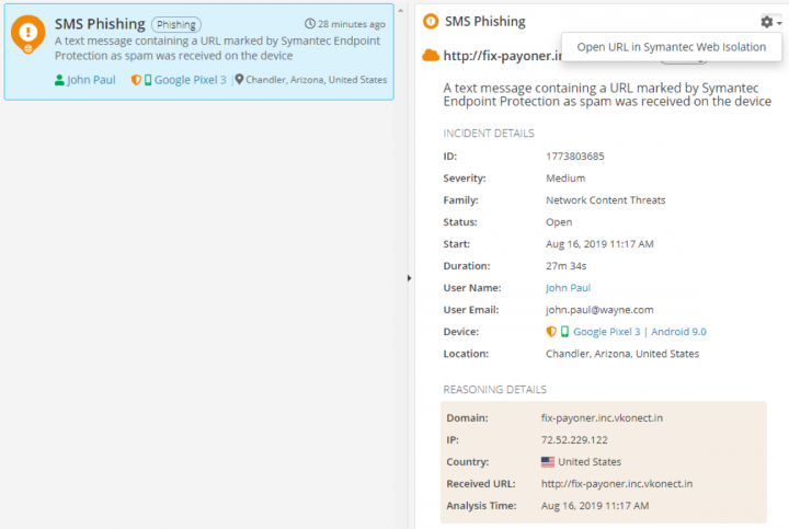 Admins can open any risky websites in “web isolation” mode directly from the SEP Mobile Management Console.