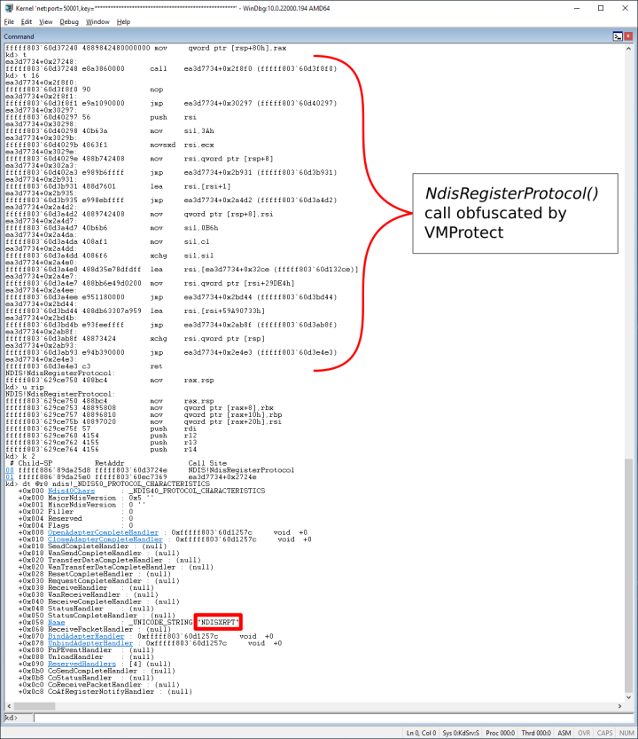 Figure 1. Hardcoded name and obfuscated NdisRegisterProtocol() call.
