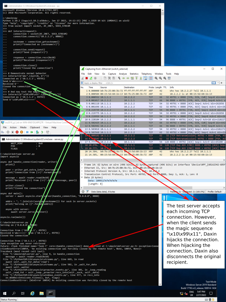 Figure 4. The ReceiveNetBufferLists hook checks the data section of certain TCP packets for a predefined “magic” pattern before hijacking the connection.