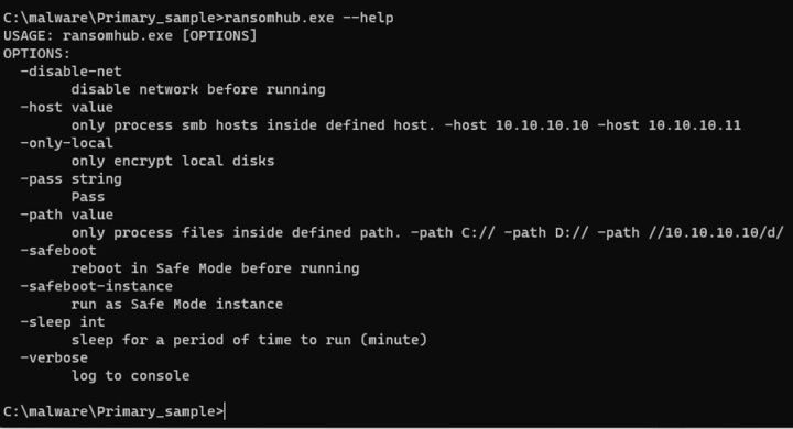 Figure 2. RansomHub command-line help menu.