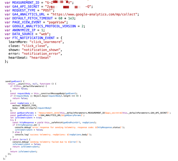Figure 1. Code snippets showing hardcoded Google Analytics 4 (GA4) API secrets.