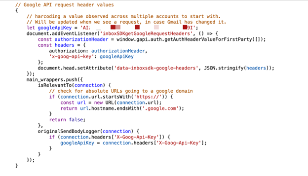 Figure 5. Exposed Google API key for Gmail requests.