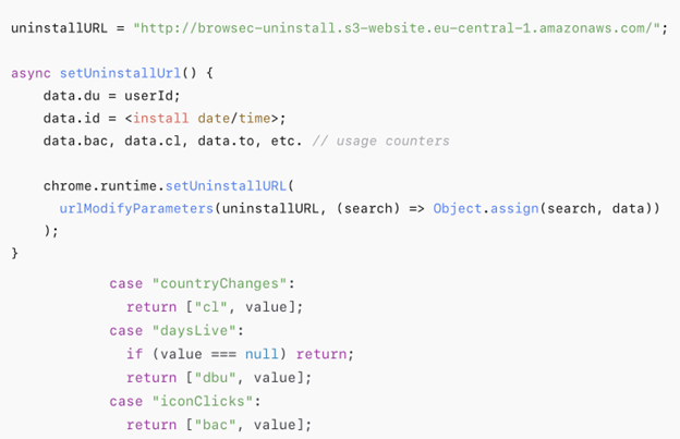 Figure 2. Browsec VPN sets an uninstall URL in the background code
