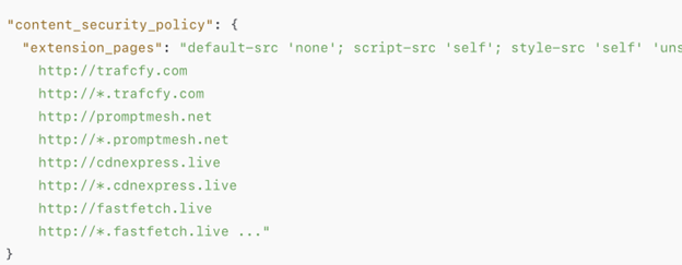 Figure 3. The Browsec VPN manifest allows connect-src to a long list of HTTP domains