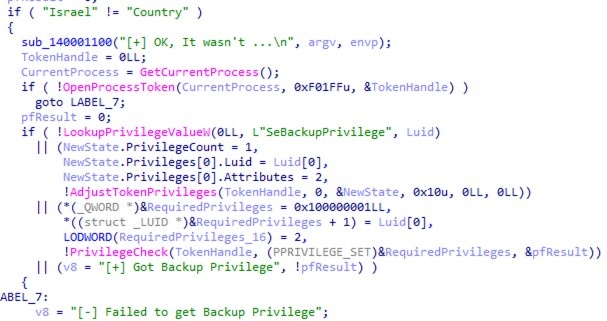 Figure 2: Message in BibiWiper code suggesting that Israel is not a country